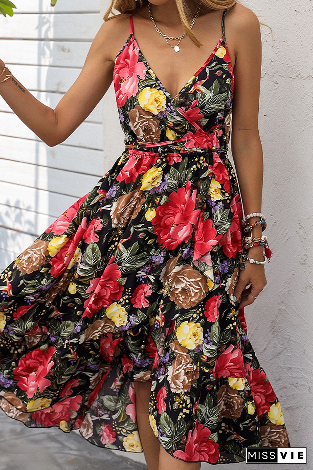 Wrap V Neck High Split Cami Backless Floral Midi Dress