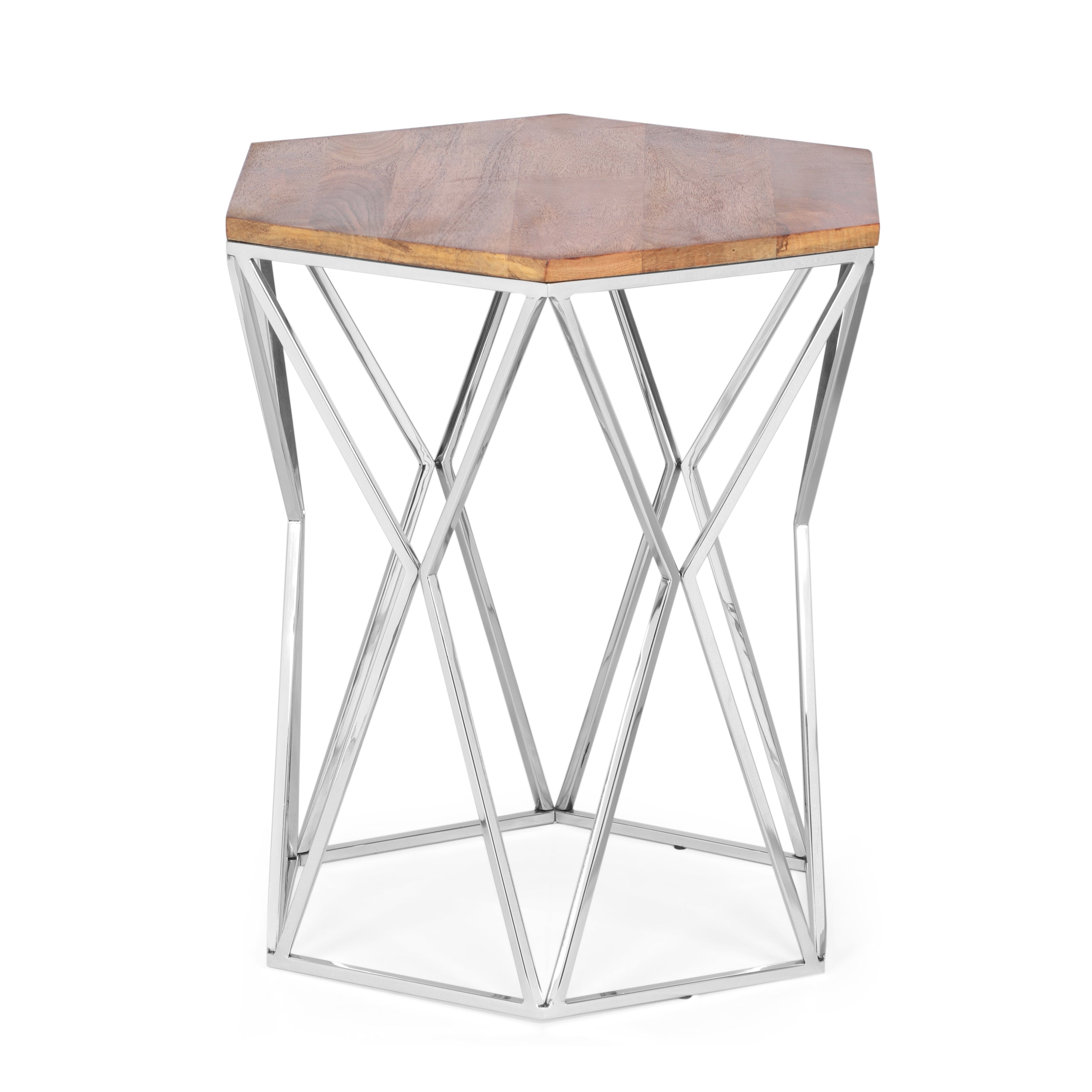 Bellion Rustic Glam Handcrafted Mango Wood Side Table, Walnut and Polished Nickel