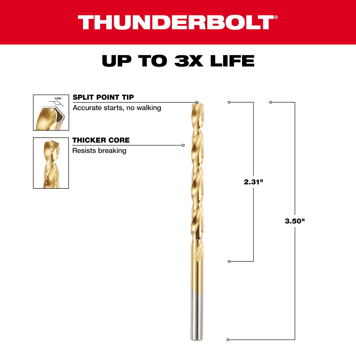 MW Thunderbolt 3/16 in. X 3-1/2 in. L High Speed Steel Drill Bit 1 pc