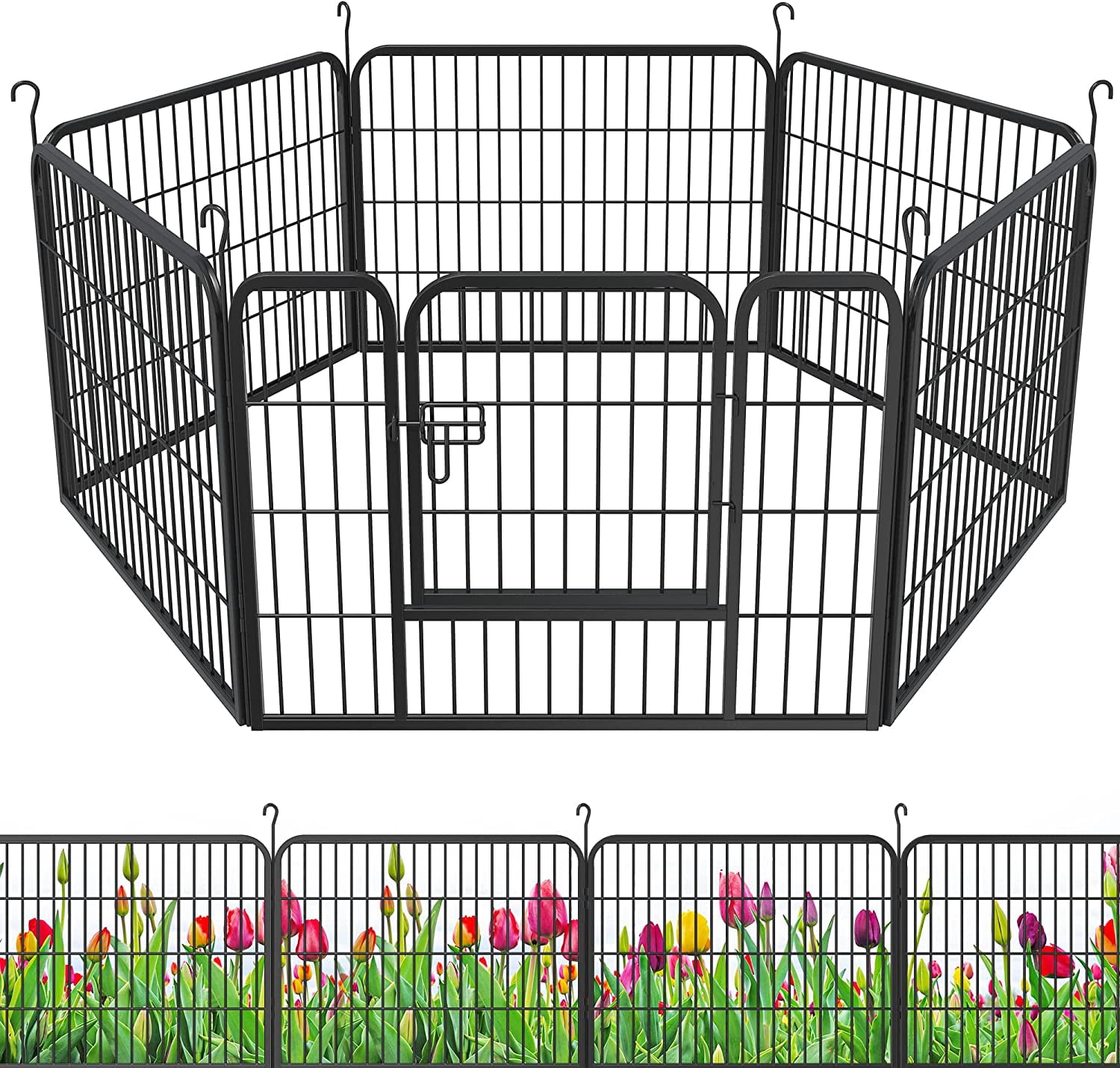 YITAHOME 6 Pcs Metal Panel Decorative Garden Fence 24 inch Tall Multi-Purpose Indoor and Outdoor Animal Barrier Pet Dog Fence with Door for Yard Patio