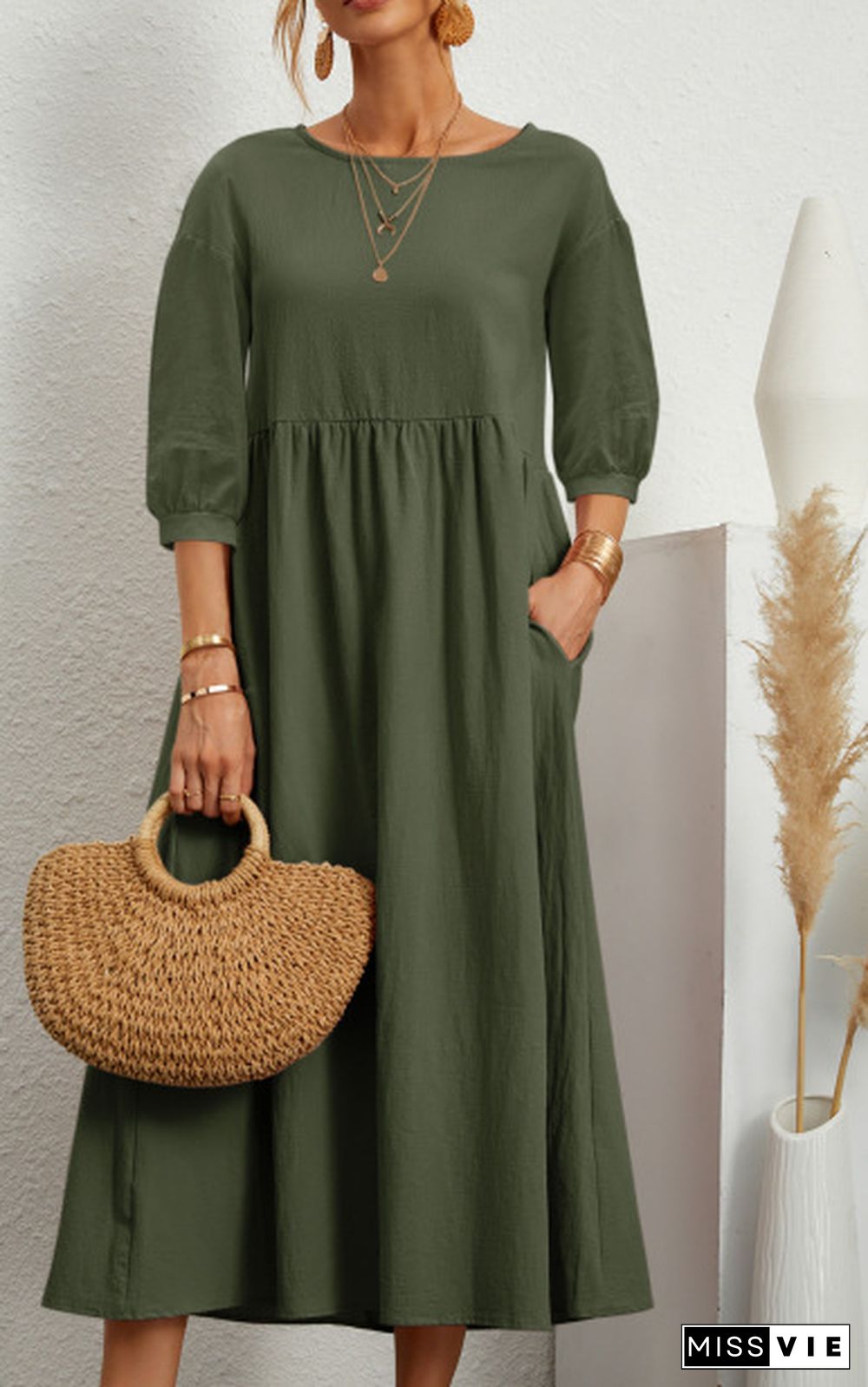 Fashion Lantern Sleeve Loose Cotton And Linen Pocket Dress