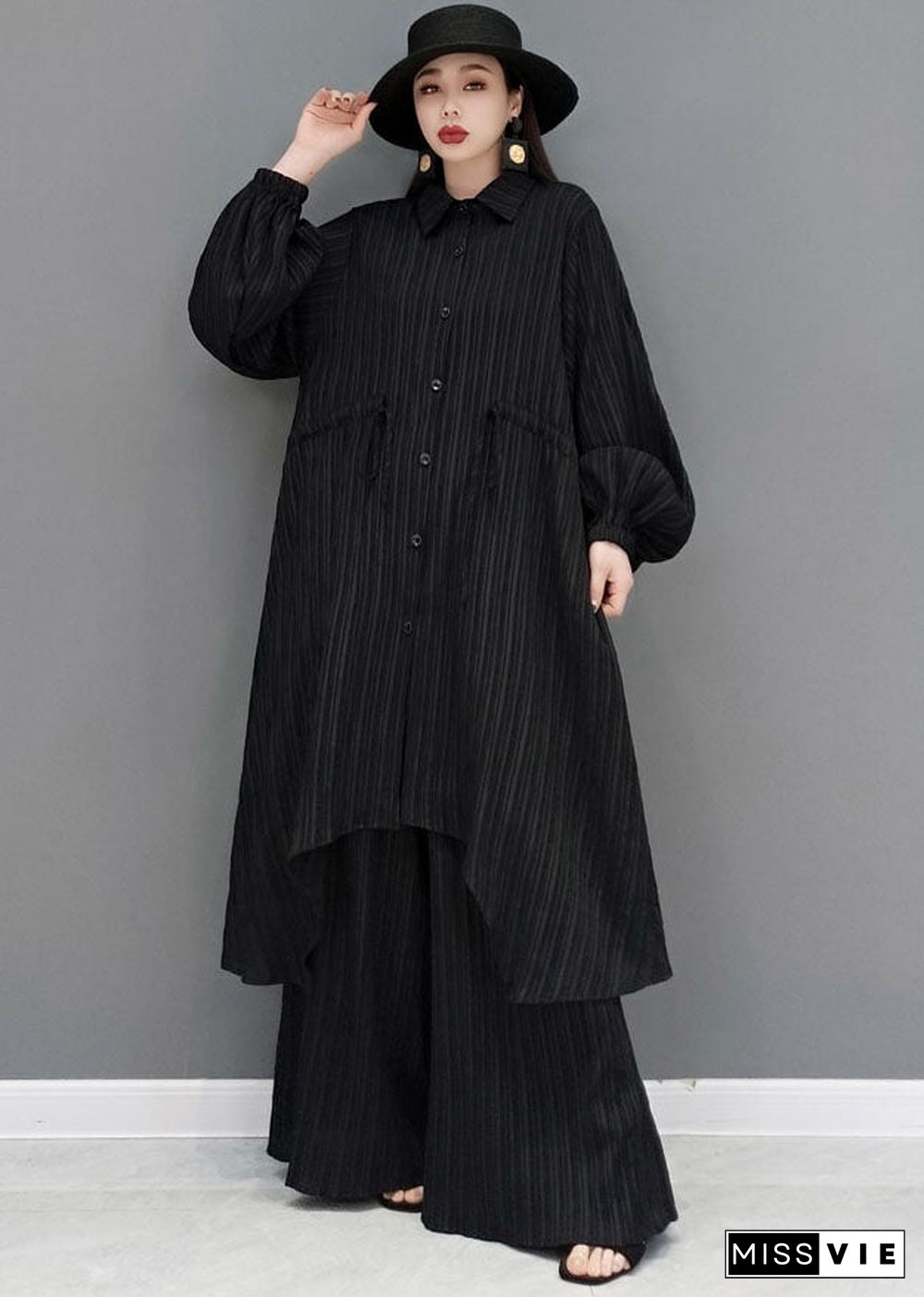 Style Black Drawstring Asymmetrical Cotton Long Shirt And Wide Leg Pants Two Pieces Set Spring