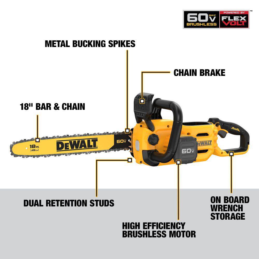 DW 60V MAX 18in. Brushless Battery Powered Chainsaw (Tool Only) with 18in. Chain DCCS672BW1DT618