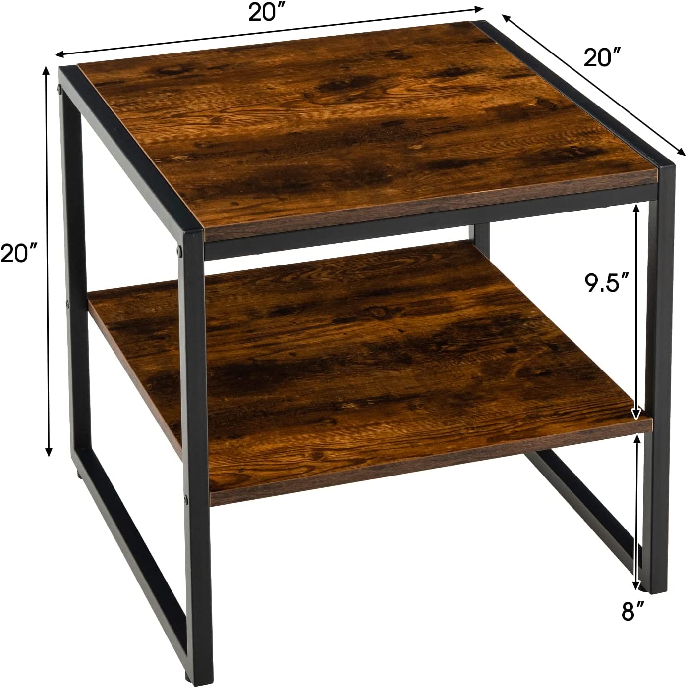 Side Table Set of 2, 2 Tier Coffee Table with Mental Frame Wood Top, Industrial Nightstands Bedside Sofa Side End Table with Adjustable Feet, for Living Room Bedroom