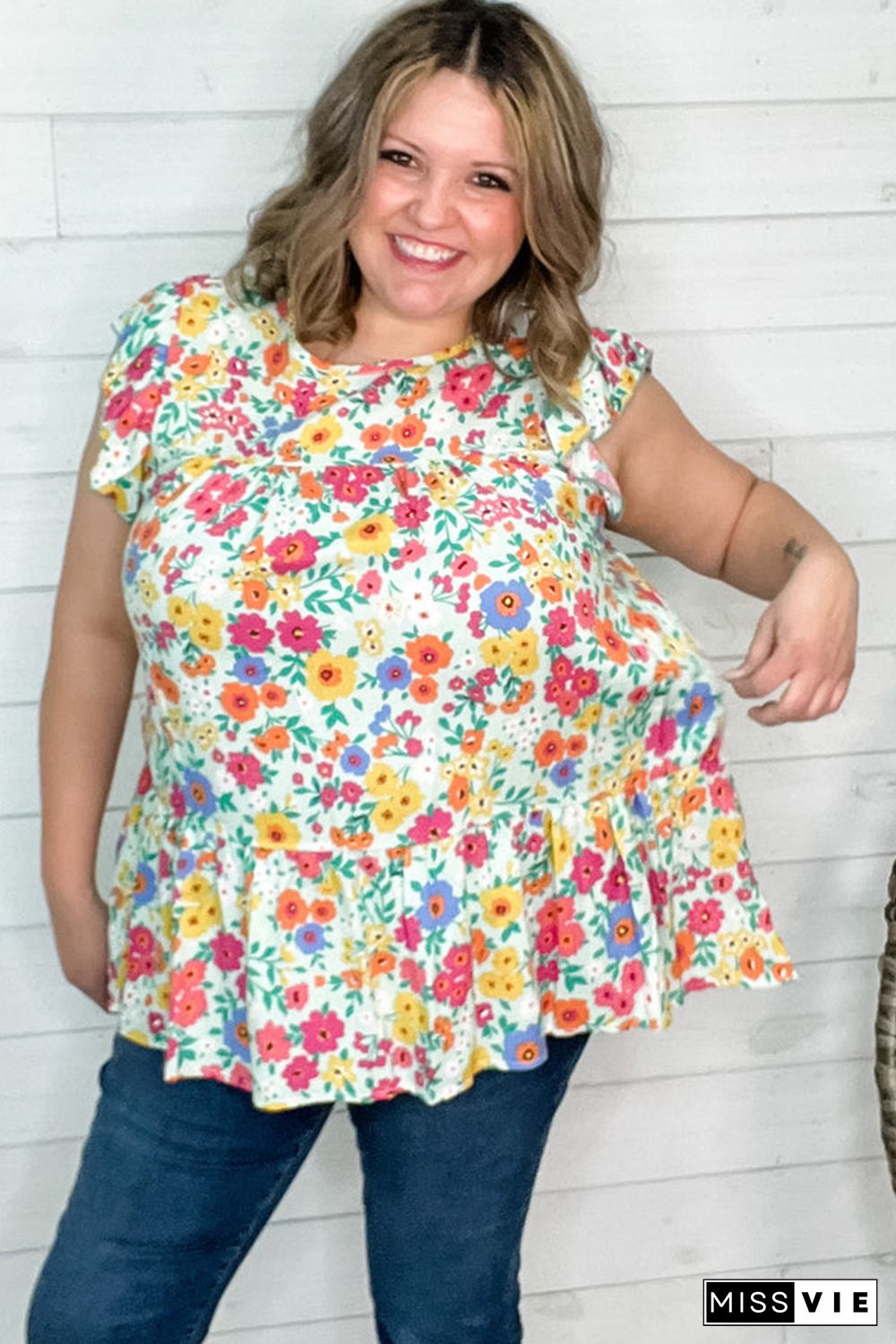 Multicolor Plus Size Floral Print Ruffle Tiered Tunic Top