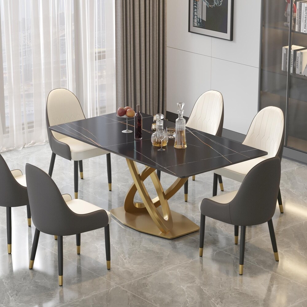 Modern Sintered Stone Dining Table Minimalist Artificial Marble Rectangular Table Top + Gold X cross Shaped Base