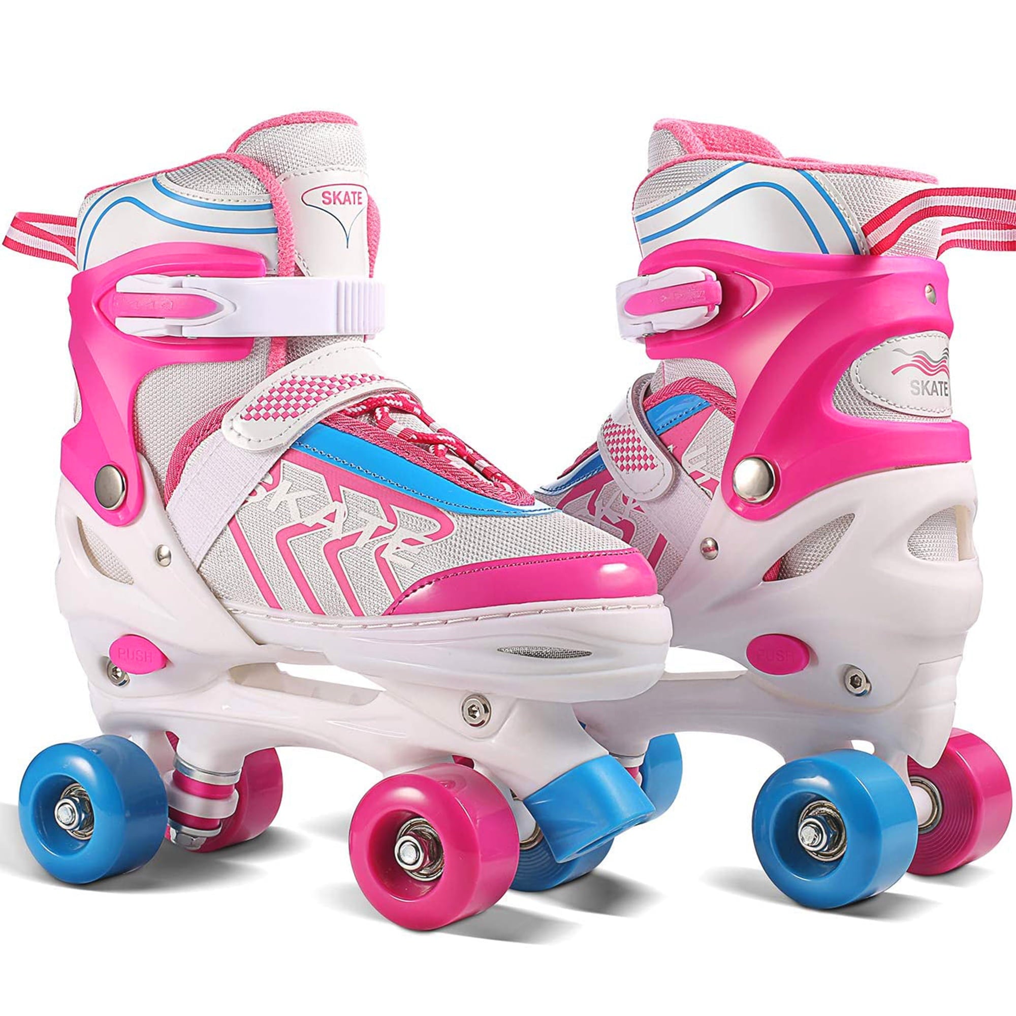 Kids Roller Skates Adjustable Pink M Size Comfortable Breathable and PVC Quad Roller Skates Suitable for Boys and Girls/Beginners Indoor and Outdoor