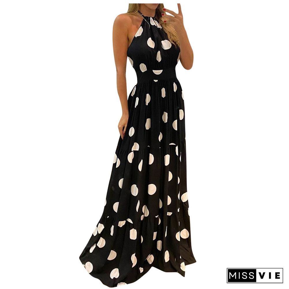 Boho Digital Print Maxi Dress Women Halter Strap Halter Sleeveless Bodycon Dress High Waist Maxi Dresses For Women Party