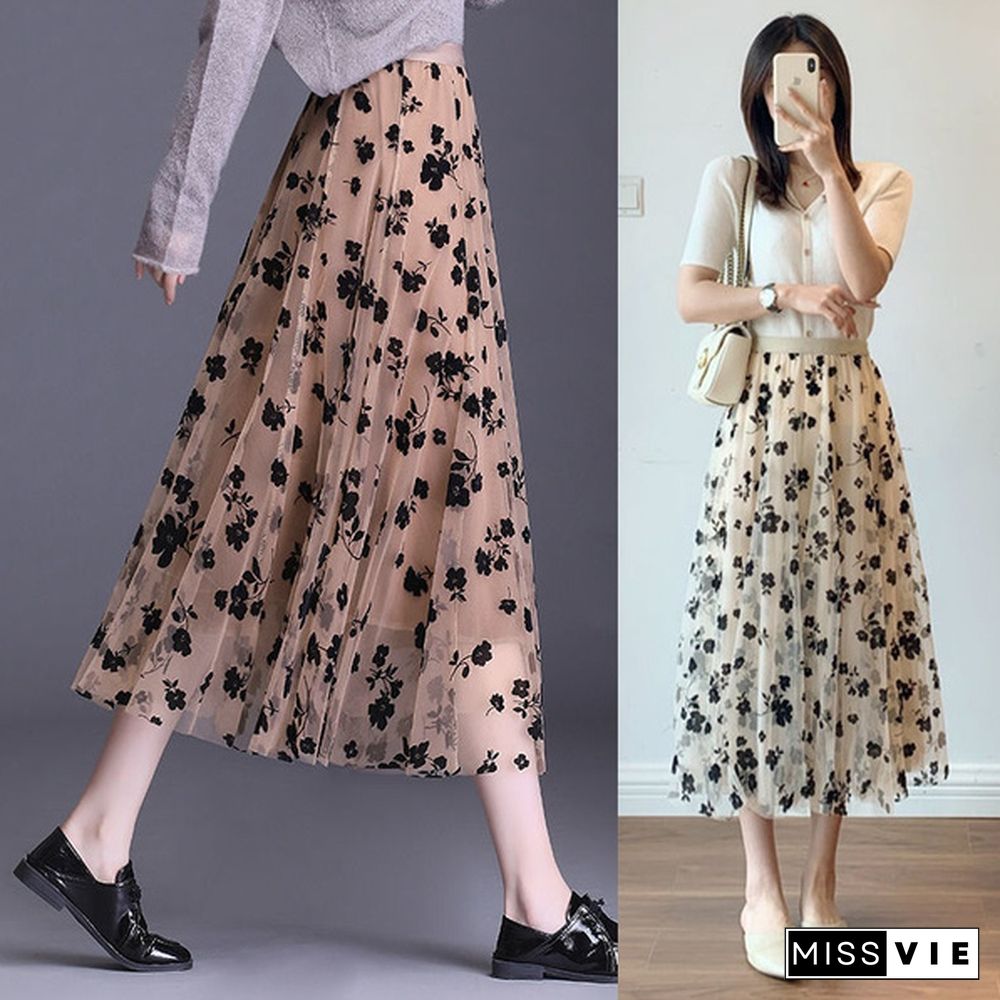 Wome Lace Long Skirt High Waist Tulle Skirts Ladies Summer Casual Loose Elegant Maxi Skirts