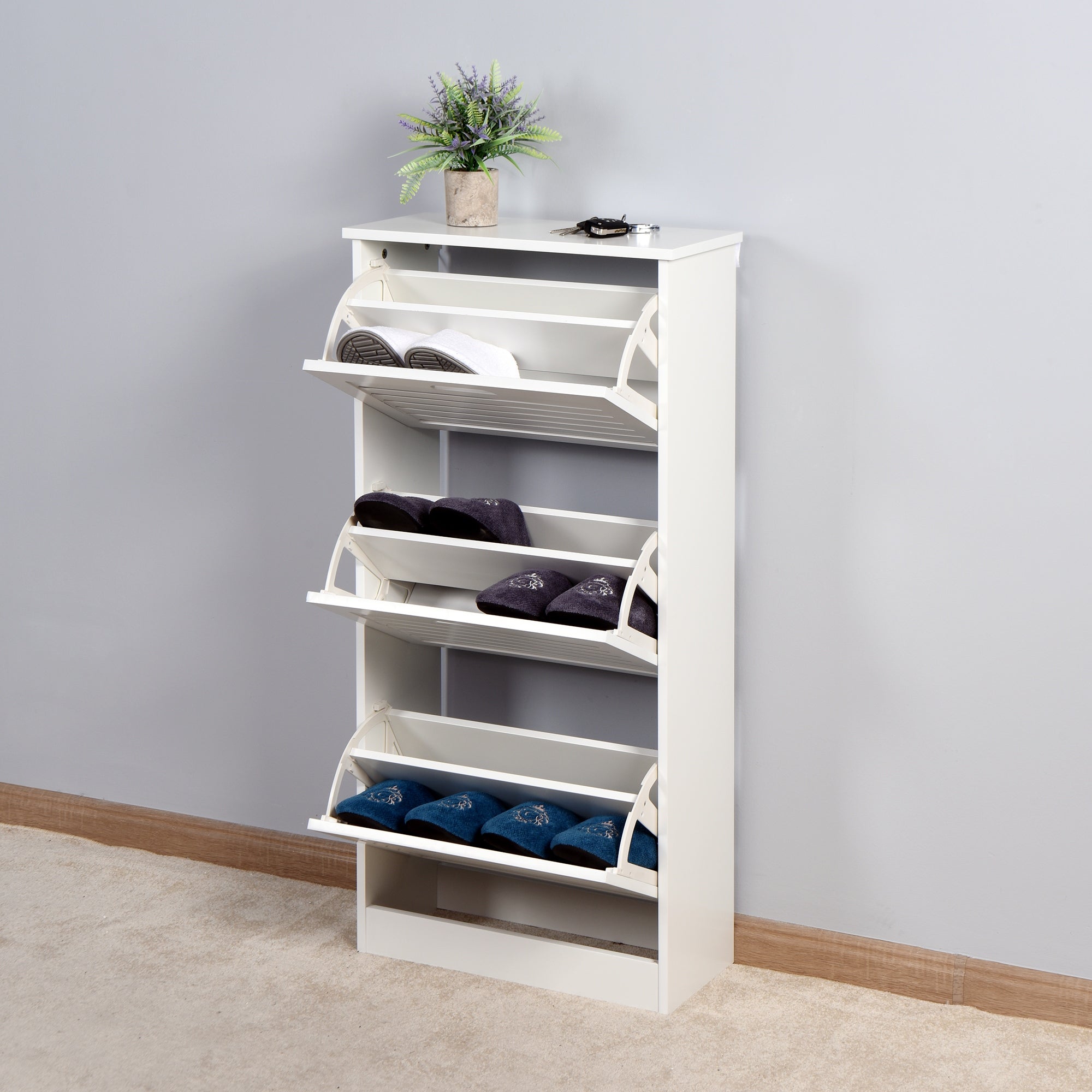 Wooden Shoe Cabinet for Entryway， White Shoe Storage Cabinet with 3 Flip Doors 20.94x9.45x43.11 inch - - 35721032