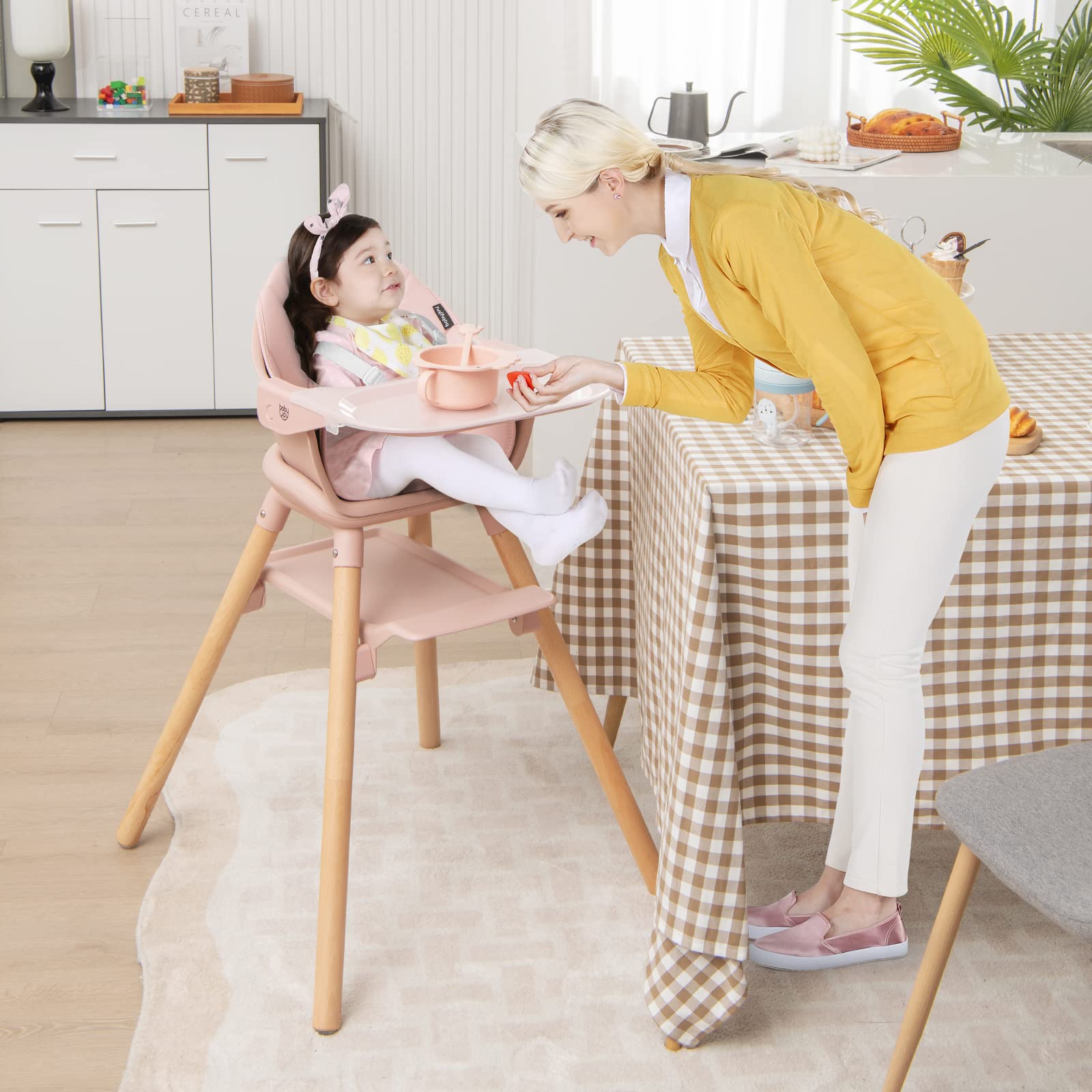 BABY JOY Baby High Chair, 6 in 1 Convertible Wooden High Chair for Babies & Toddlers with Adjustable Legs