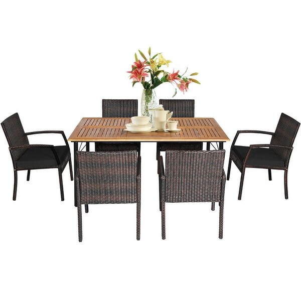 7Pcs Patio Rattan Cushioned Dining Set with Umbrella Hole