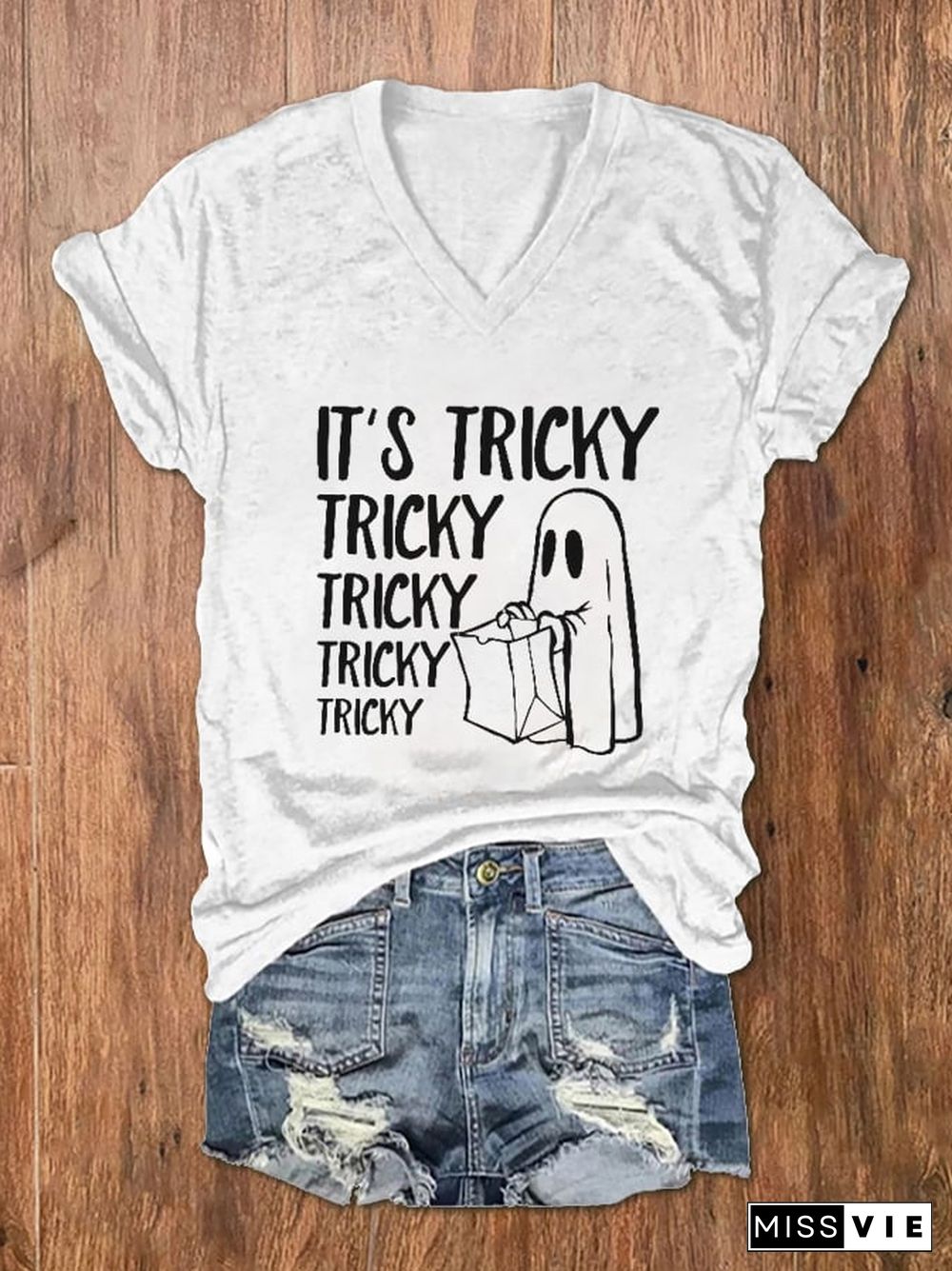 Women's It's Tricky Funny Halloween Print V-Neck T-Shirt