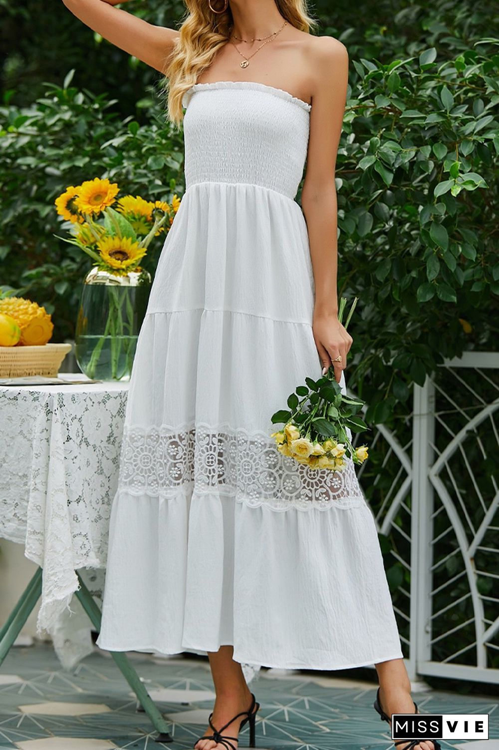 White Smocked Bandeau Lace Hollow Out Maxi Dress