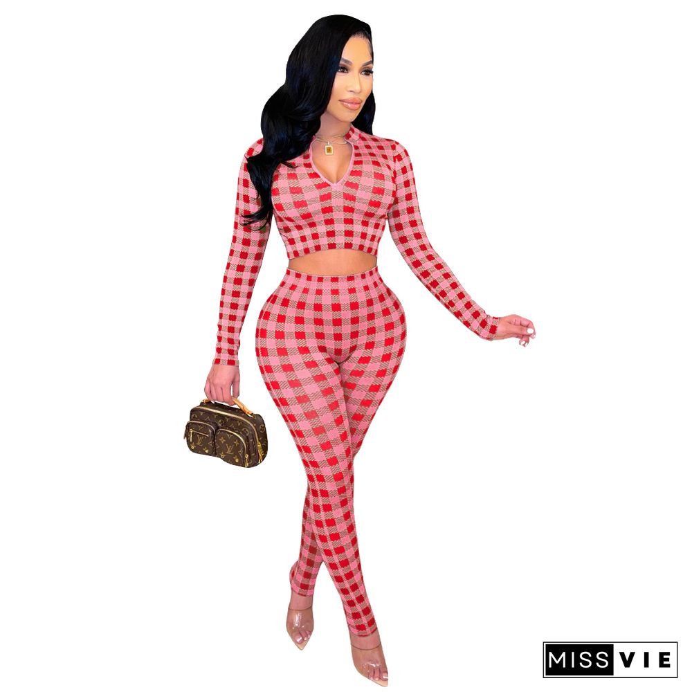 Plaid Crop Top Bodycon Pencil Pants Two Piece Set