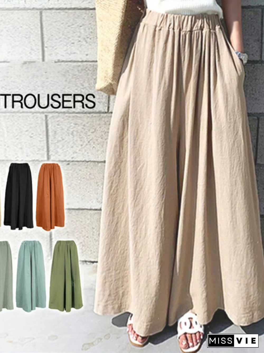 Women's High Waist Cotton Linen Casual Loose Wide Leg Pants