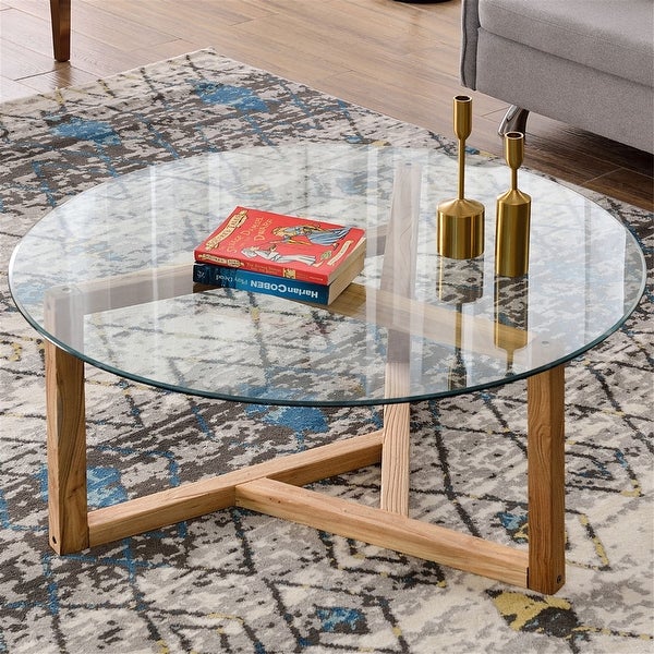 Round Coffee Table Modern Center Table with Tempered Glass Top Sofa Table with Sturdy Wood Base End Table for Living Room