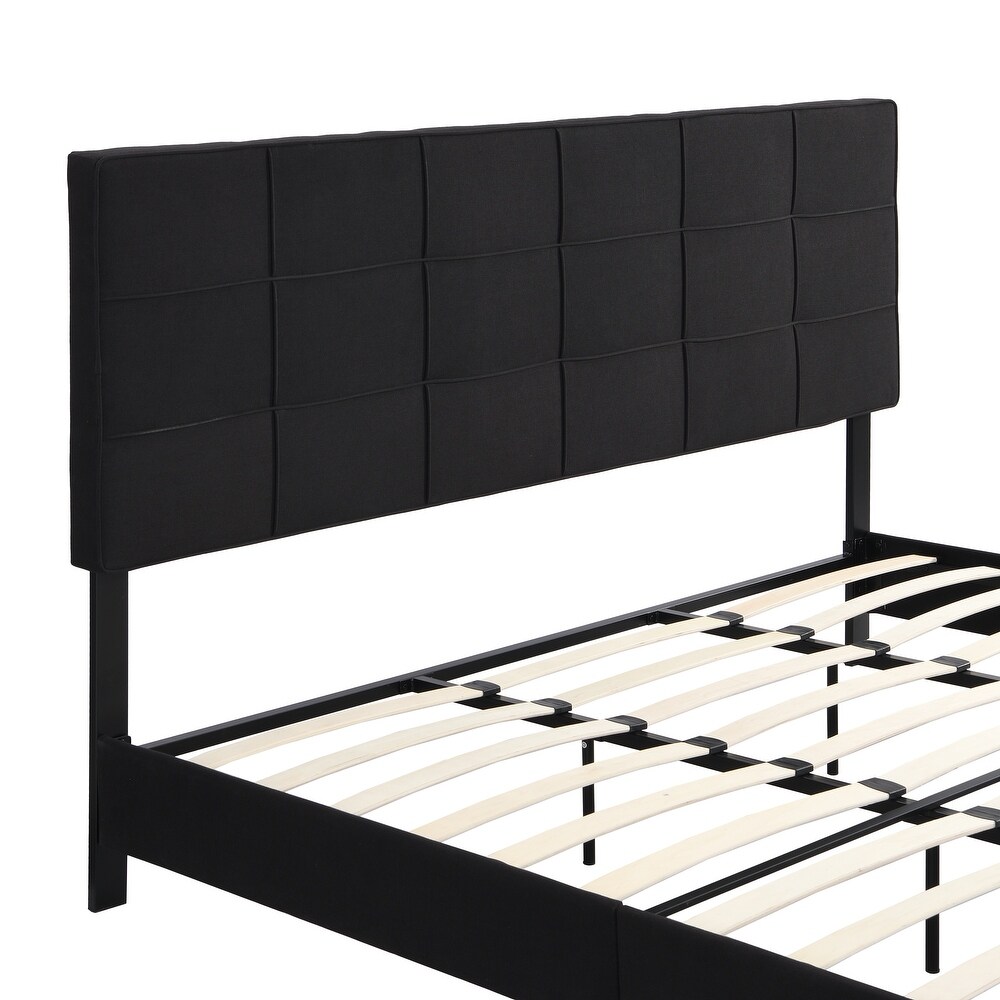 King Size Upholstered Platform Bed Frame with Linen Fabric Headboard