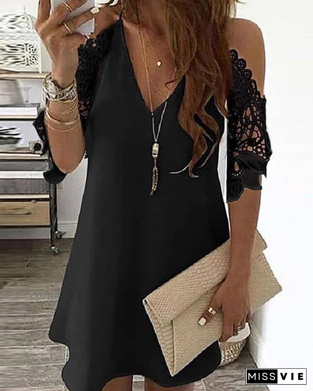 Cold Shoulder Crochet Lace Hollow Out Casual Dress