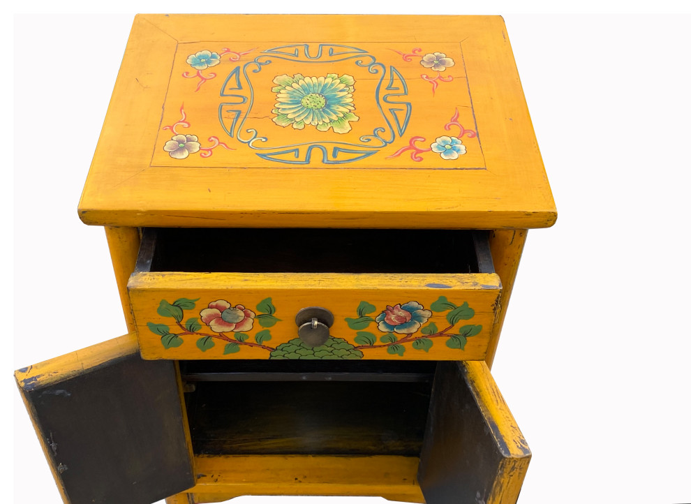 Chinese Distressed Mango Yellow Fishes Graphic End Table Nightstand Hcs7186   Asian   Side Tables And End Tables   by Golden Lotus Antiques  Houzz