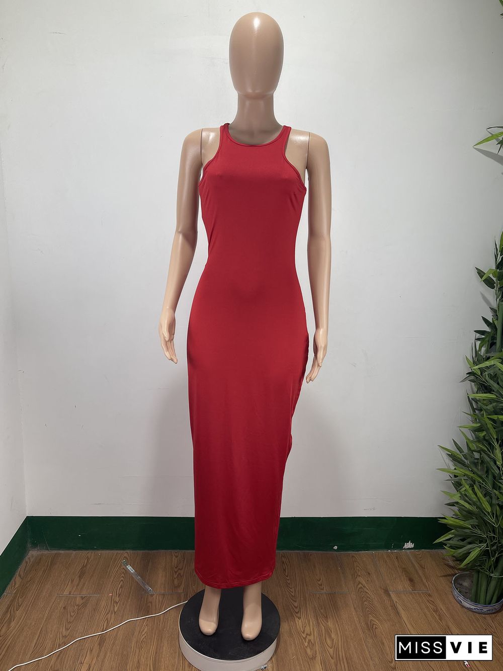 Fashion Solid Color Sleeveless O-Neck High Waist Summer Party Clubwear Outfit Bodycon Long Dress