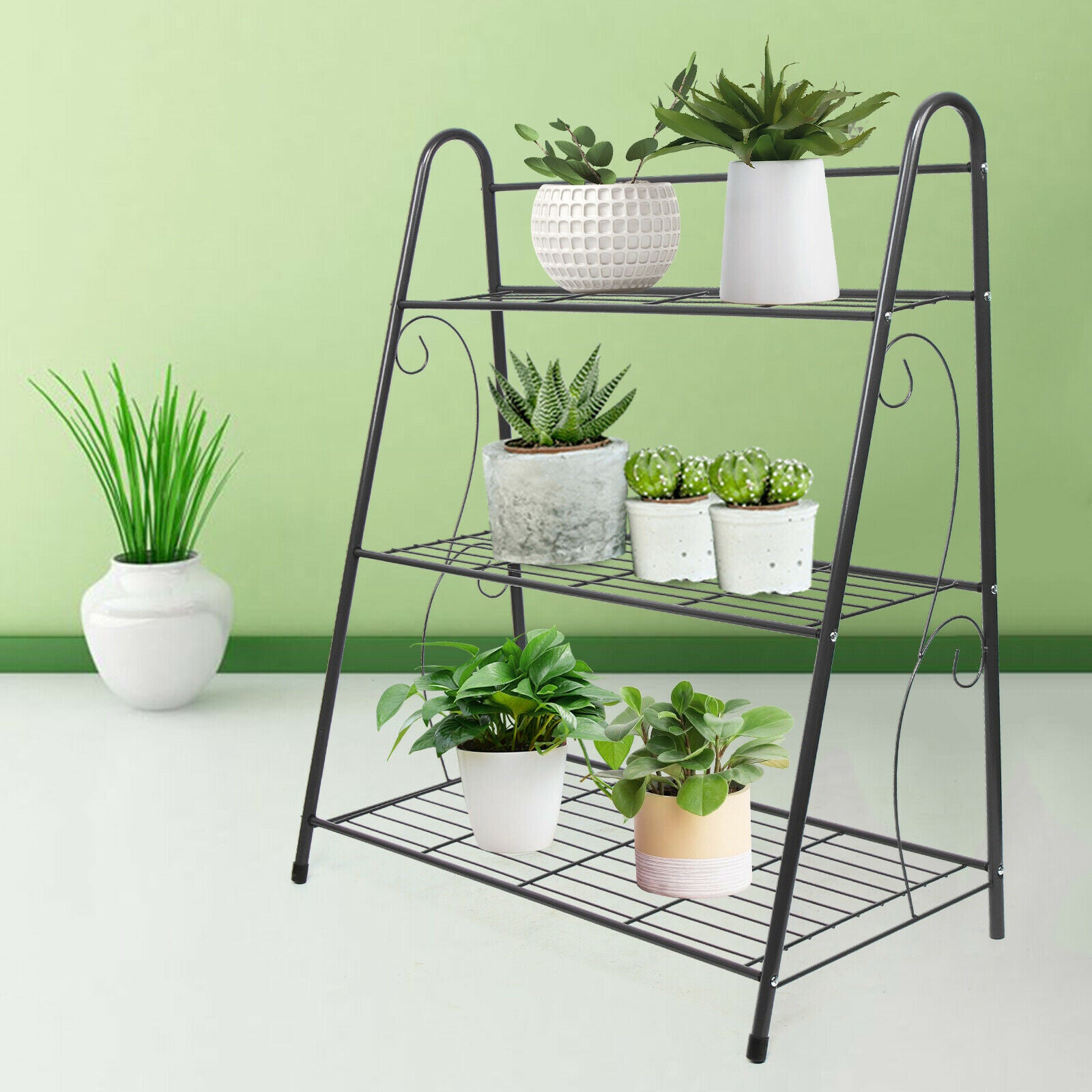 Miumaeov 3 Tier Metal Shelves Flower Pot Plant Display Rack for Indoor Outdoor Step Plant Pot Stand Planter Shelf Multiple Flower Pot Storage Rack