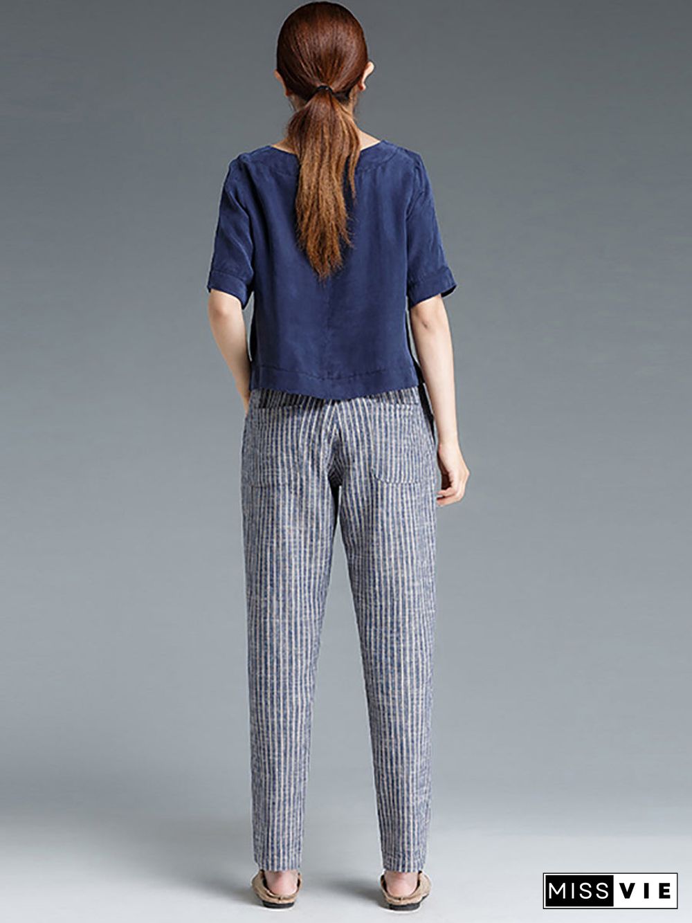 Plus Size Buykud Stripe Cotton Linen Women Pants