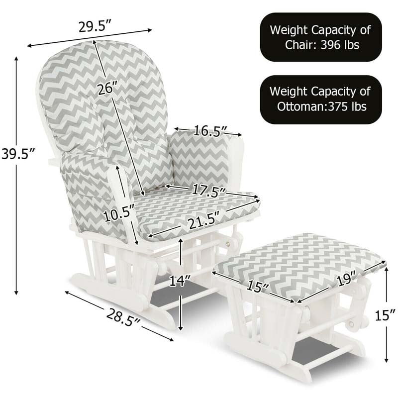 Glider Rocking Chair & Ottoman Set Solid Wood Baby Rocker Nursery Chair With Padded Cushions & Pockets