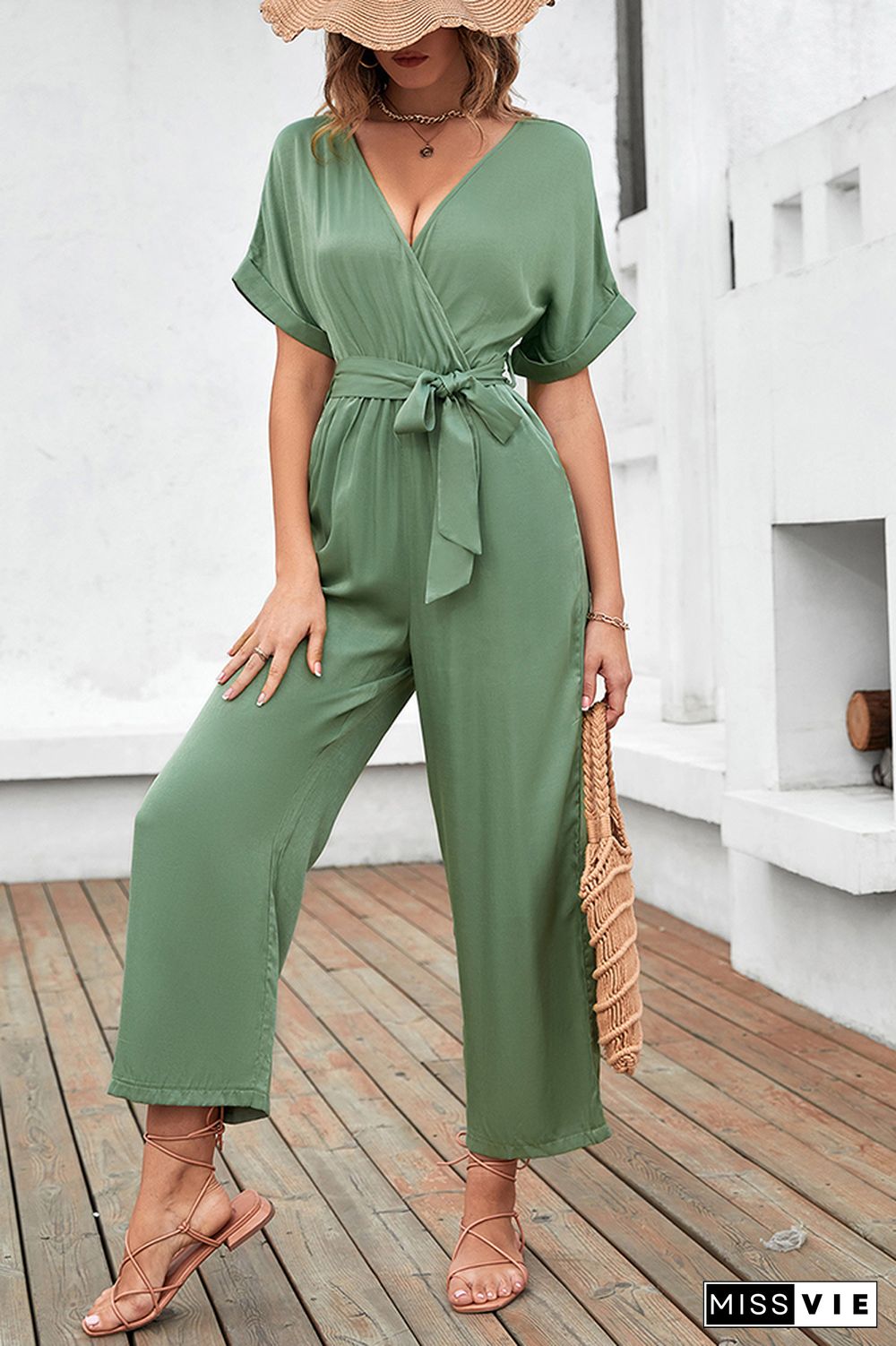 Solid Color Short Sleeve Long Pants Jumpsuit Wholesale