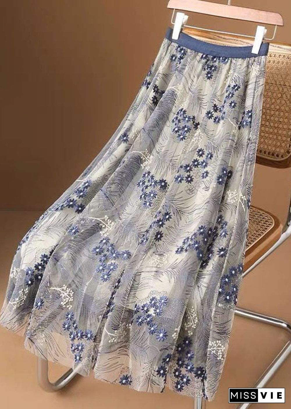 Elegant Blue Embroidery Wrinkled Tulle Skirts Summer