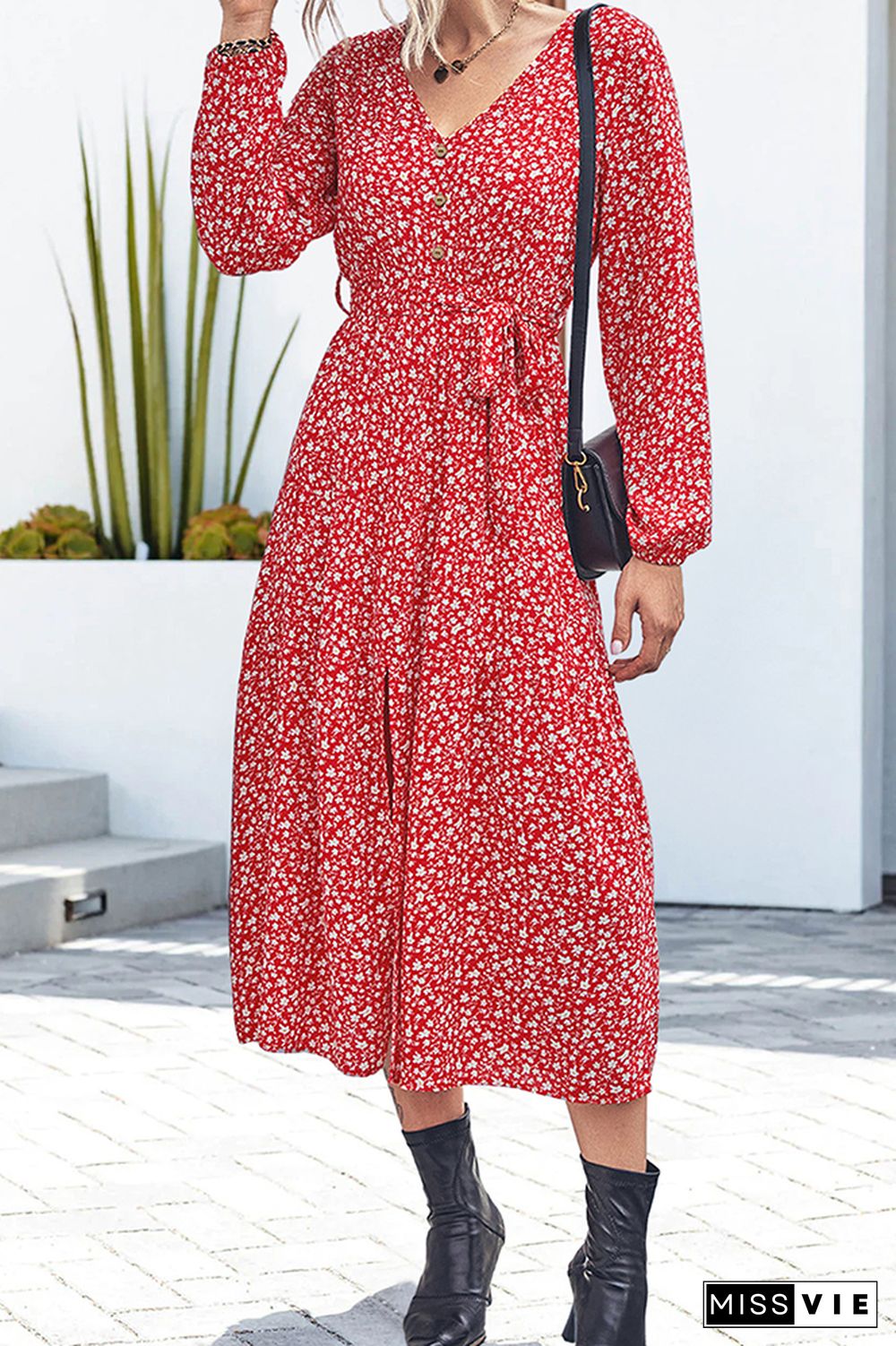 Red Floral V Neck Button Down High Split Maxi Dress