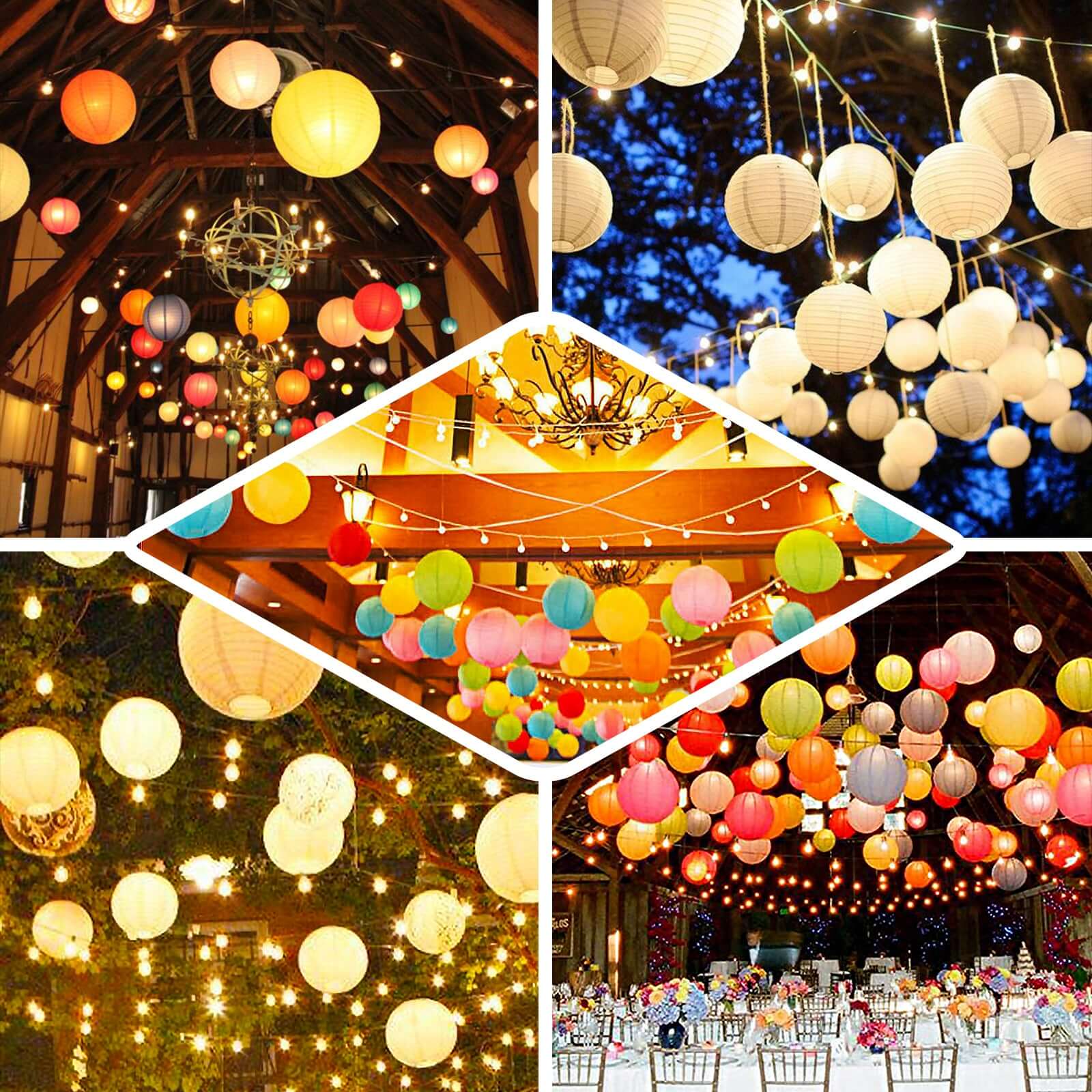 Set of 6 White Hanging Paper Lanterns, Chinese Sky Lanterns, Assorted Sizes 16