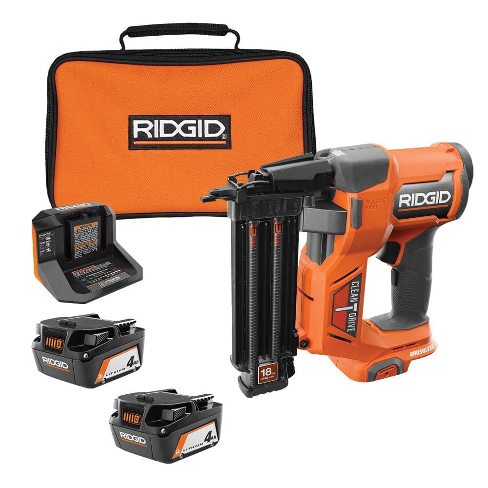 RIDGID 18V Brushless Cordless 18-Gauge 2-1/8 in. Brad Nailer with (2) 4.0 Ah Batteries, Charger, and Bag R09891B-AC93044SBN