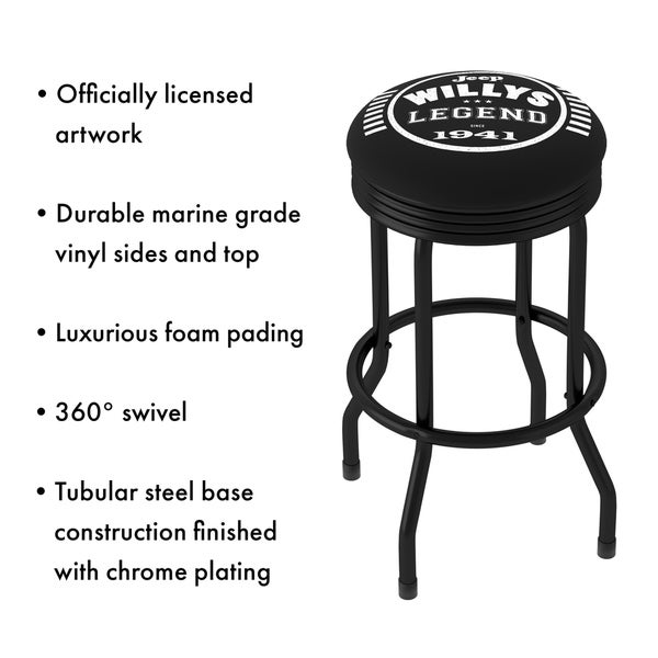 Jeep Willys Legend 360 Degree Swivel Black Barstool with Foam Padded Seat - 20.75 x 20.75 x 29