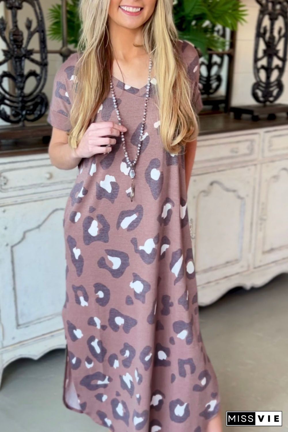 Leopard Print V Neck Long T-shirt Dress