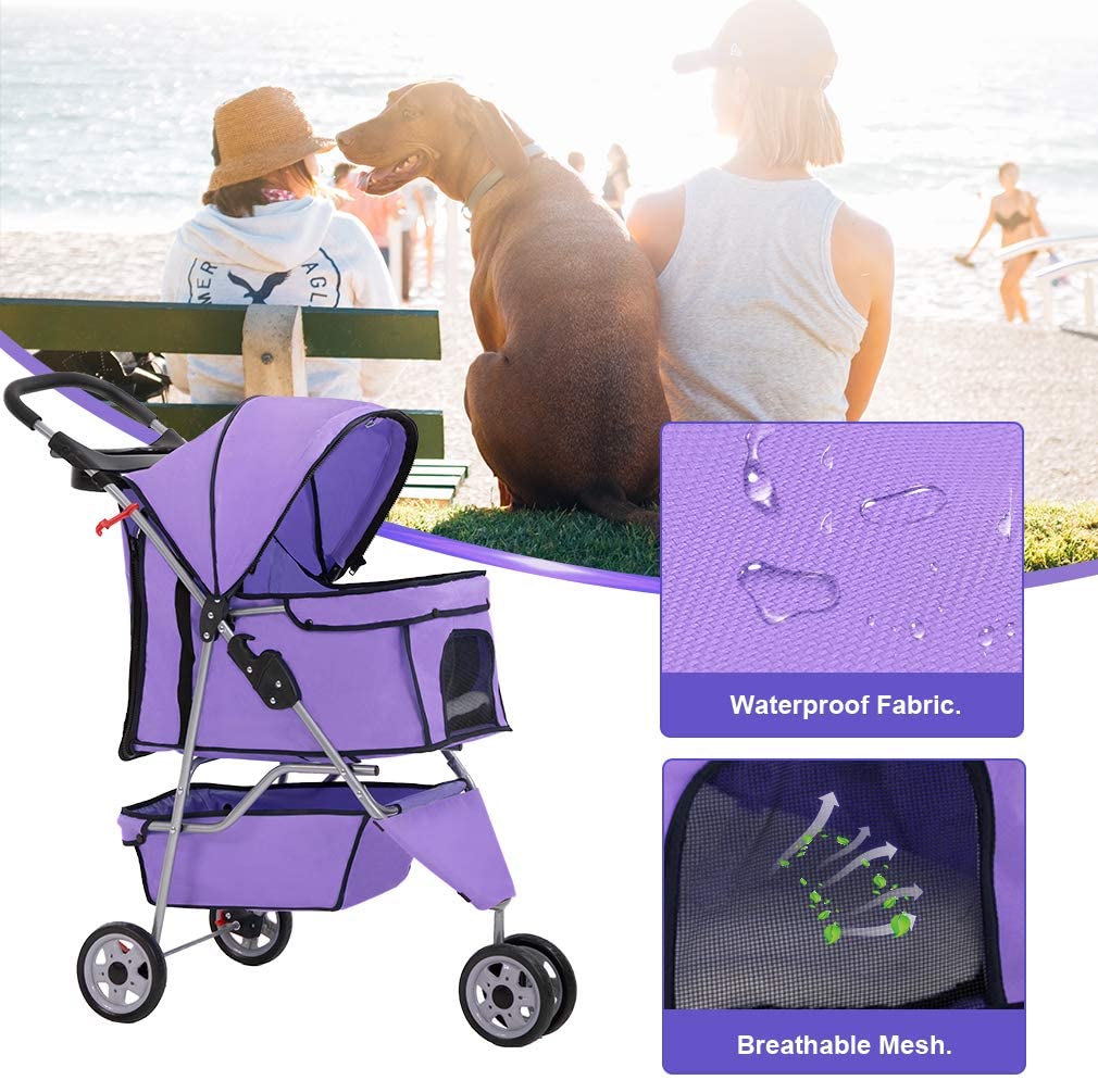 Purple Pet Stroller Cat Dog Cage 3 Wheels Stroller Travel Folding Carrier T13