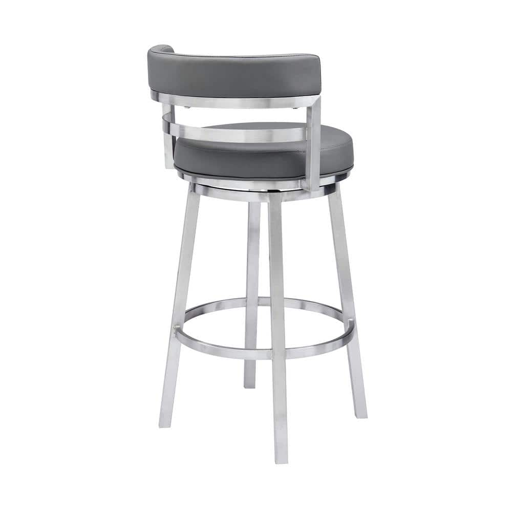 Armen Living Rayner Contemporary 30 in. Bar Height in Brushed Stainless Steel Finish and Grey Faux Leather Bar Stool 721535738182