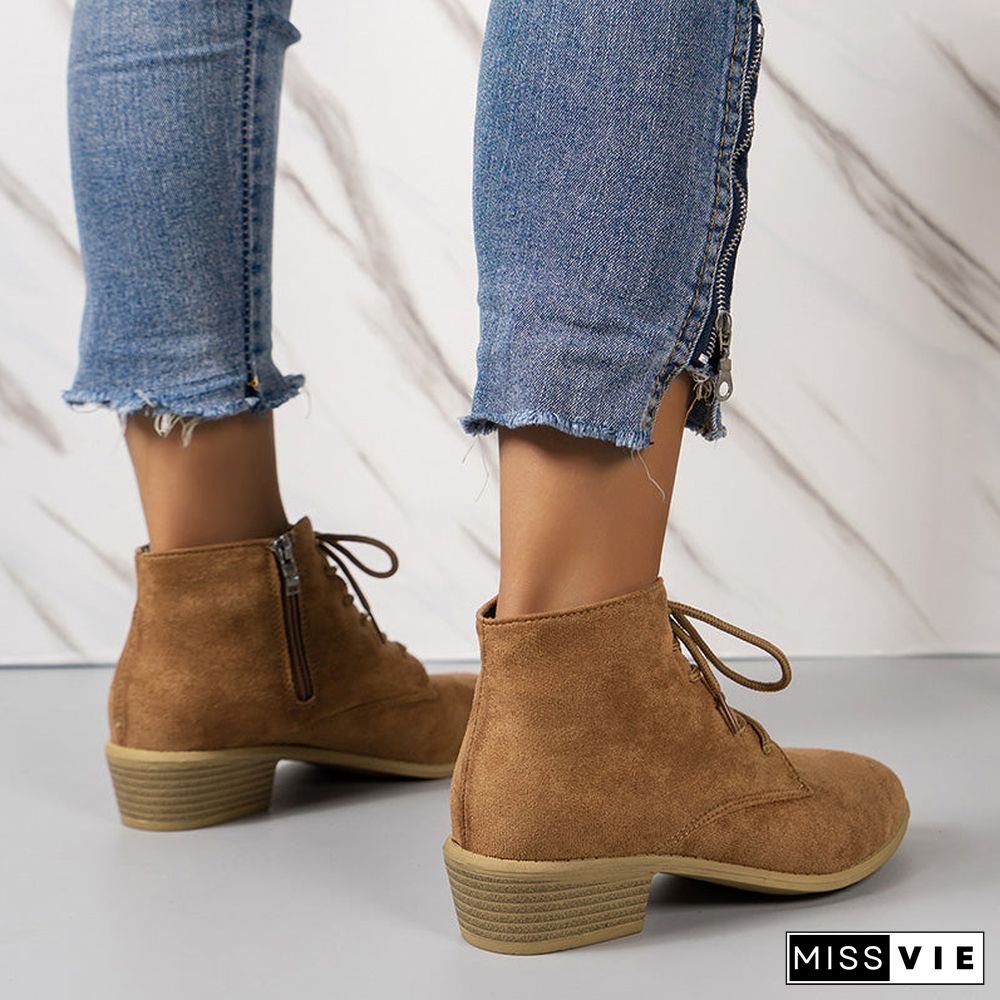 Versatile Lace-up Flat Chunky Heel Short Boots