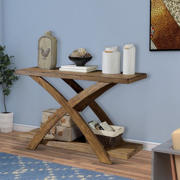 Wooden Sofa Table with Open Bottom Shelf and X-Shaped Base， Antique Light Oak Brown