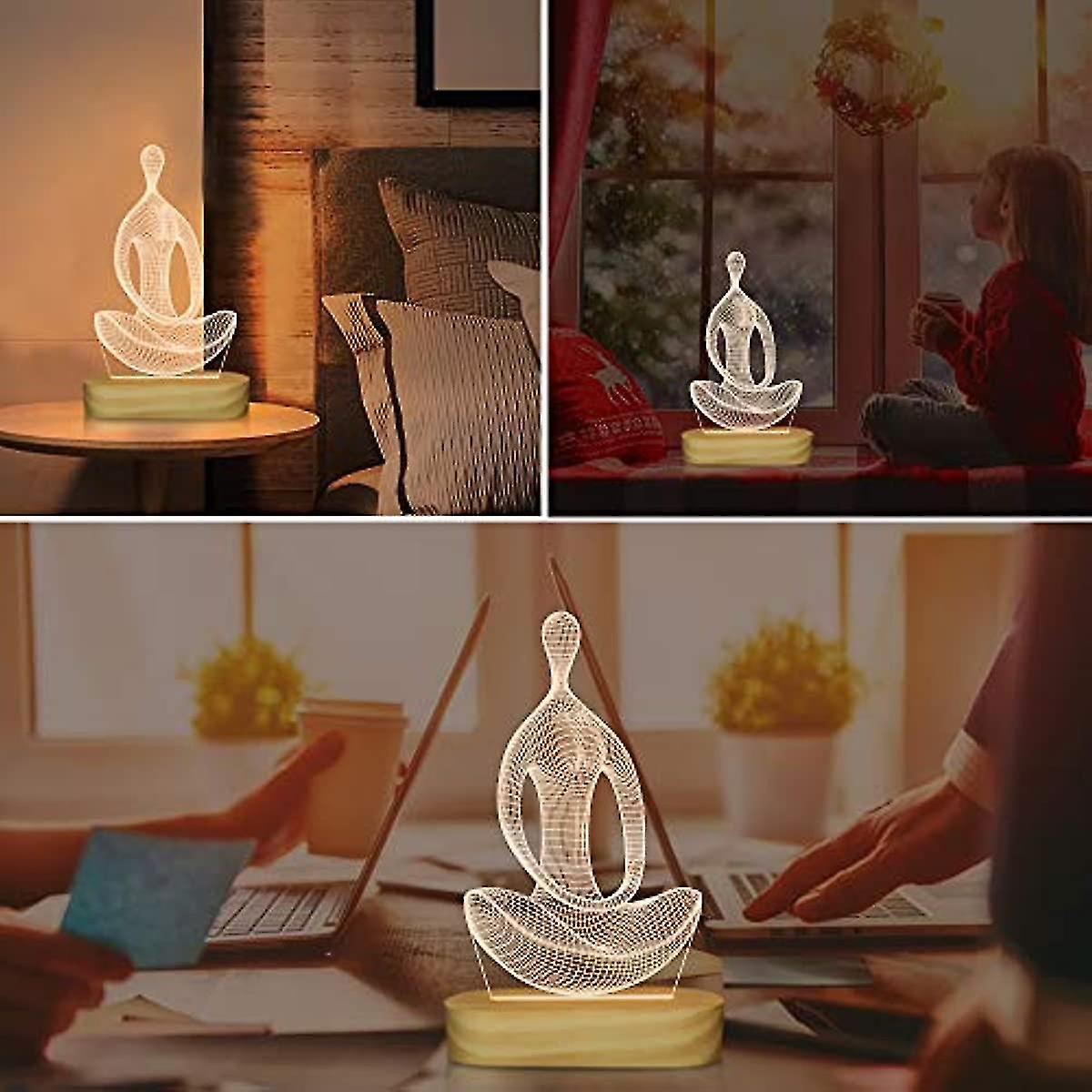 Yoga Lamp Led 3d Art Night Light For Girls Women Meditation Lovers Birthday Gifts Usb Power Warm Color Wood Base Table Lamps