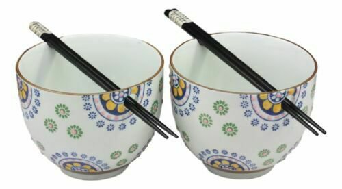 1 Japanese Design Ceramic Spring Flowers Ramen Noodles Bowl and Chopsticks Set of 2 EBR02