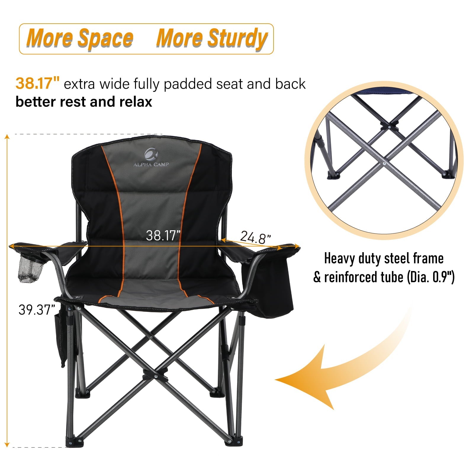 MF Studio Oversized Camping Folding Chair with Cooler Holder, Black and Gray