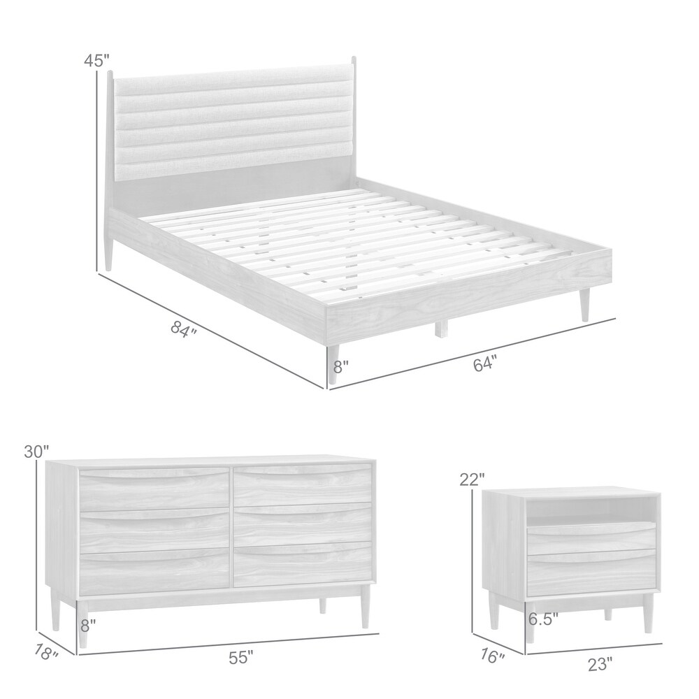 Artemio Black or Walnut Wood 4 Piece Bedroom Set with Grey Upholstered Headboard