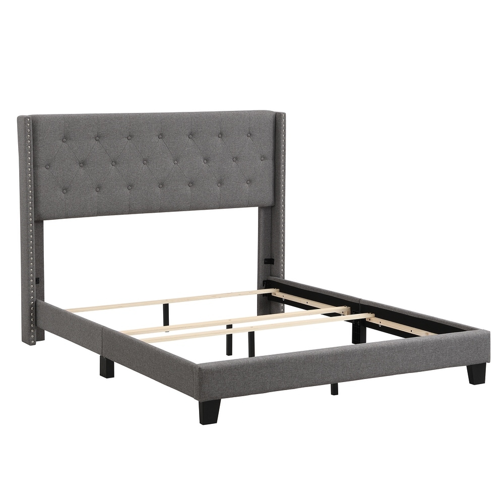 Elegant Design Queen Size Upholstered Platform Bed with Classic Linen Fabric Button Tufted Headboard  Box Spring Needed