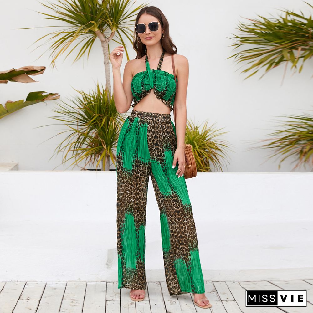 Slim Tube Top Hanging Neck Top Printed Wide-leg Pants Casual Fashion Suit