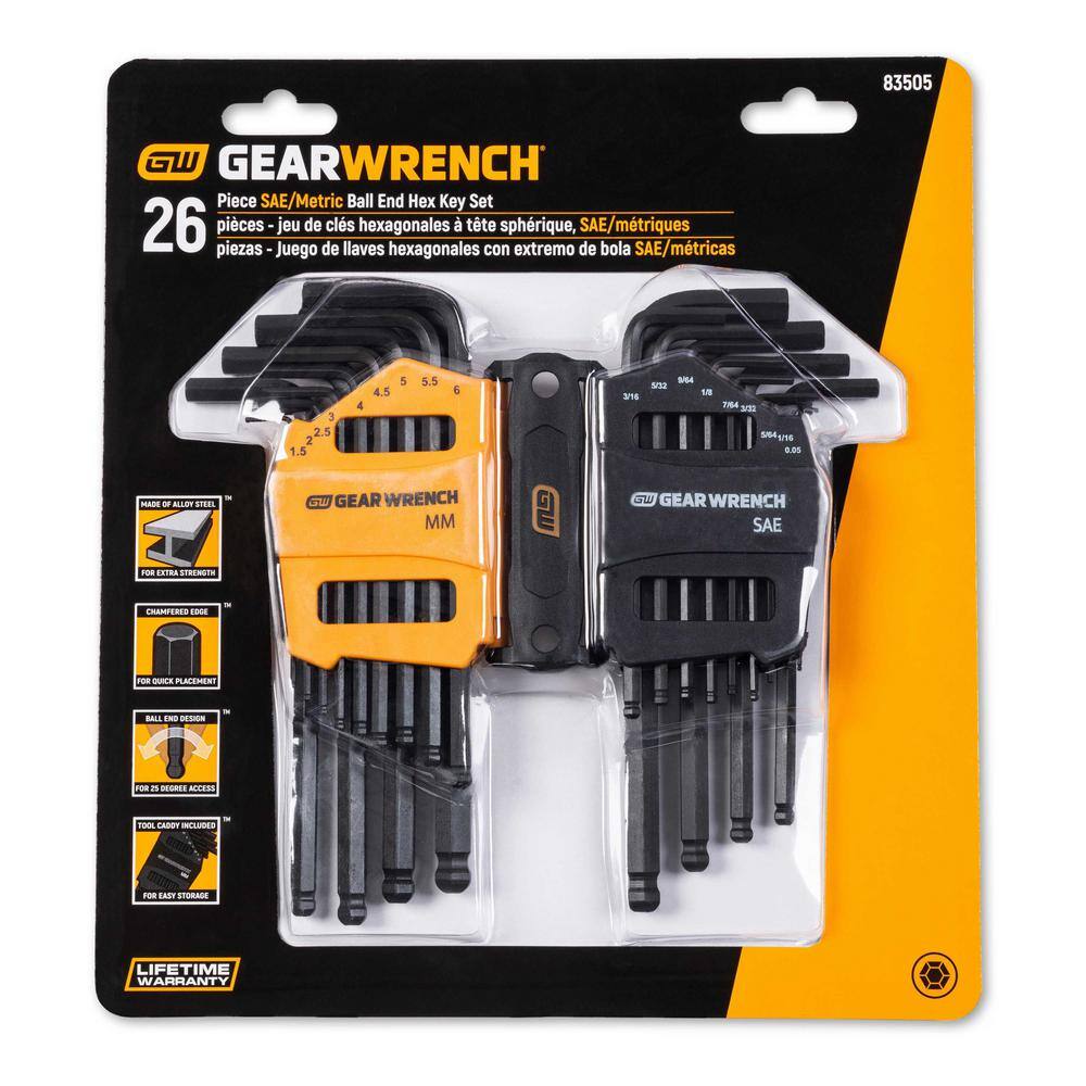 GEARWRENCH SAE  Metric Long Arm Ball End Hex Key Set with Caddies (26-Piece) 83505