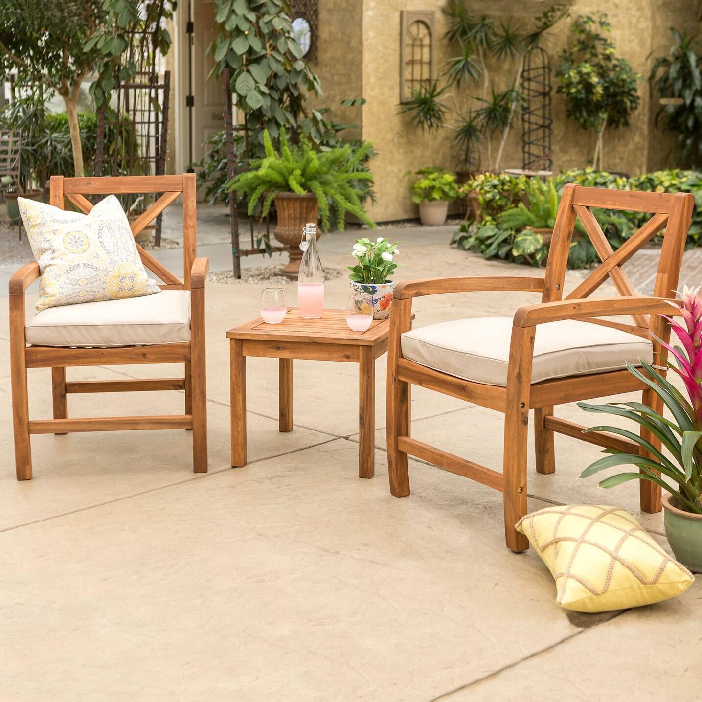 Ultimate Patio Camille Way 3 Piece Acacia Patio Conversation Set W/ Natural Cushions