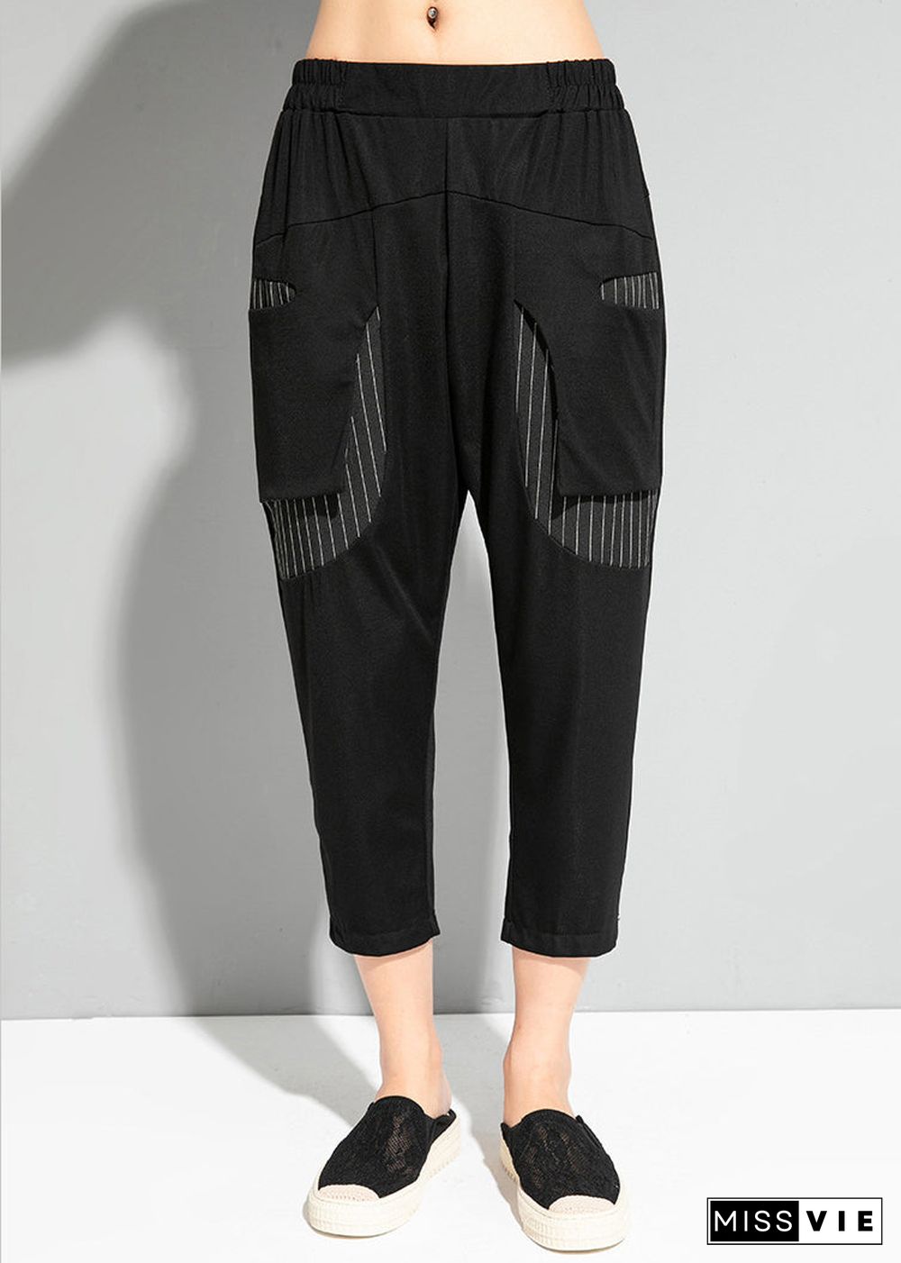 Fine Black Striped Patchwork Pockets Elastic Waist Crop Pants Summer