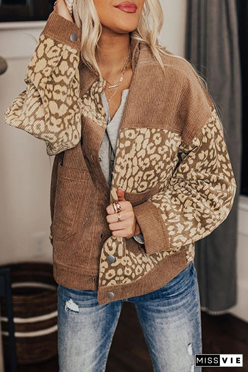 Brown Leopard Print Corduroy Long Sleeve Jacket