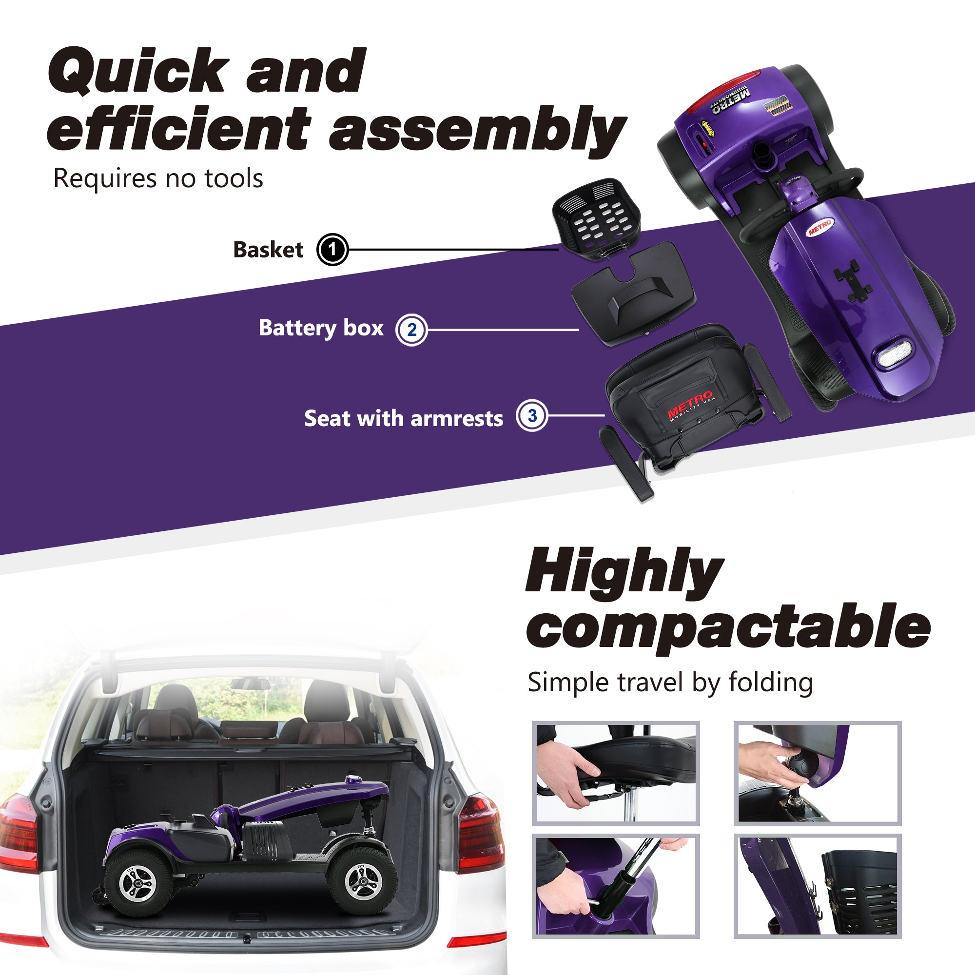 4 Wheels Mobility Scooter for Seniors Adults,LED Lights USB Port Long Range ,Purple